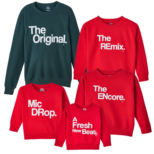 forest green adult sweatshirt and red kids and adult sweatshirt for matching christmas holiday sweatshirts